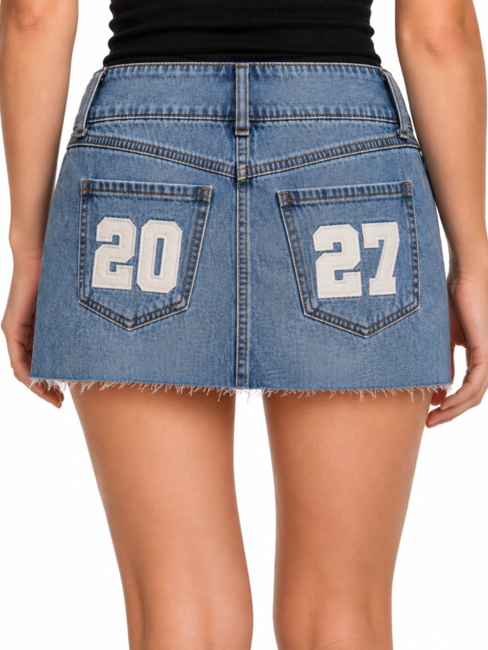 NWT REWASH 2027 Micro Mini Skirt 5/27 Denim Raw Hem Varsity Patch